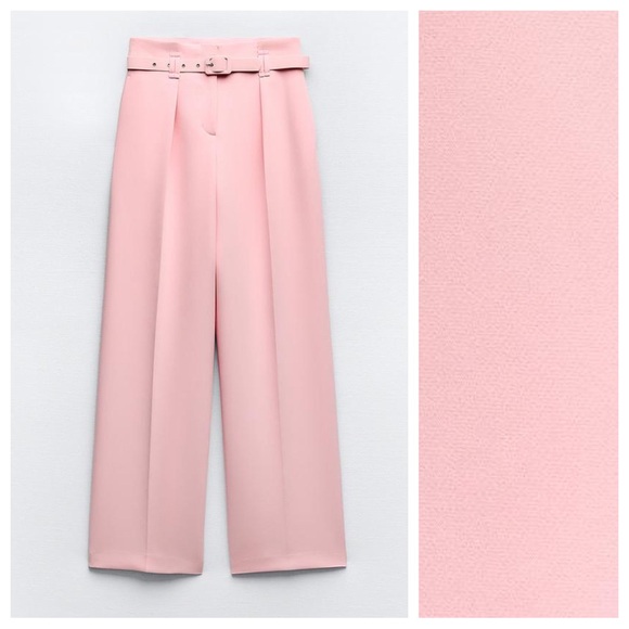 NWT. Zara Pink Viscose Blend Wide Legs Belted Trousers/Pants. Size M. - Picture 2 of 9